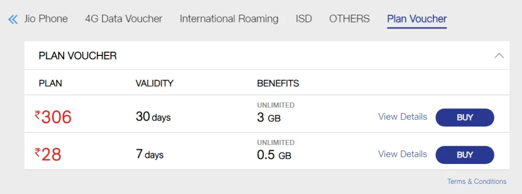 Jio plan vouchers Rs. 306 Rs. 28