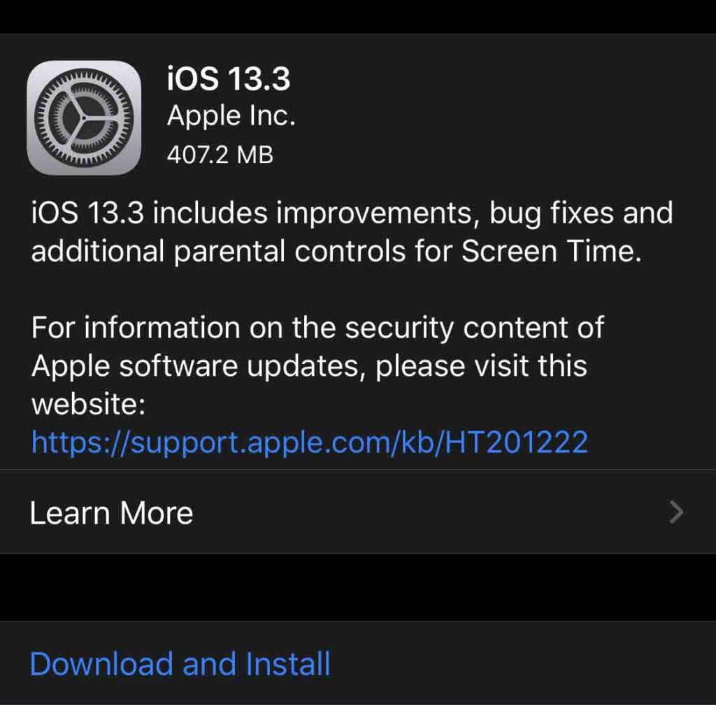 iOS 13.3 update setings page