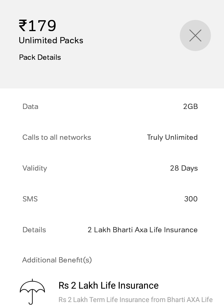 Airtel adds Rs 179 Prepaid Plan with Life Insurance offering 28 days Validty
