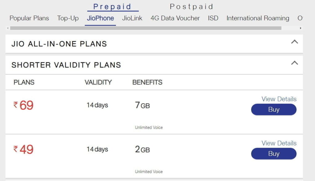 Shorter validity plans of Rs. 69 and Rs. 49 for Jio Phone