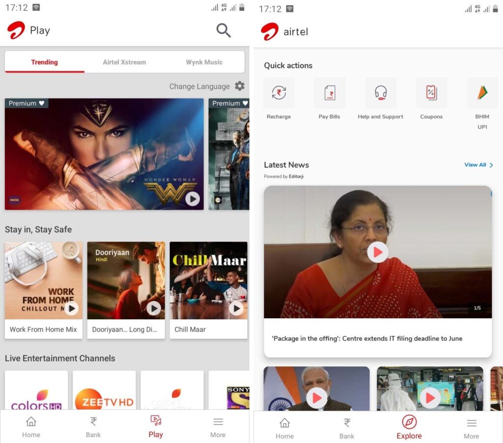 Airtel Thanks Beta app replaces Play section with new Explore section