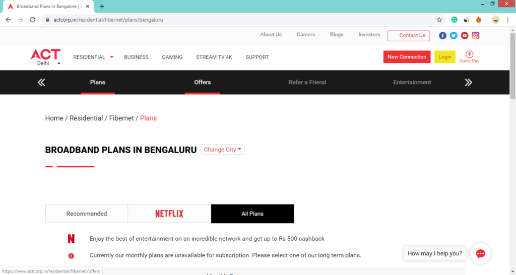 ACT Fibernet monthly plans temporarily unavailable for subscription in Bengaluru, Coimbatore, and Hyderabad