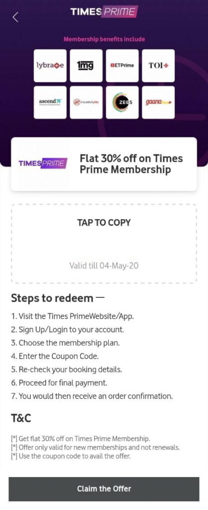 Vodafone Tuesdays: Get 30% flat off on Times Prime Membership