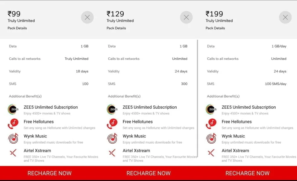 Airtel's Rs 99, Rs 129, and Rs 199 Prepaid Plans are exclusively available in select circles