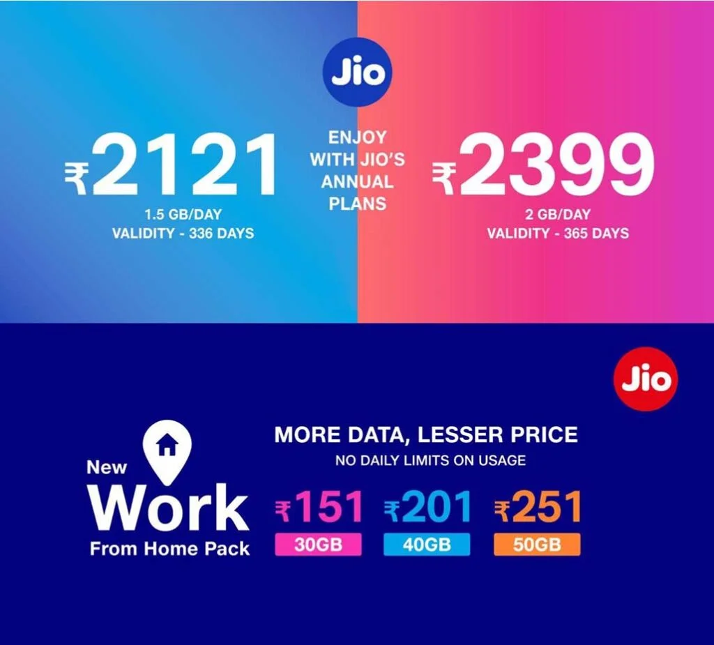 Jio launches Rs 2399 Annual Pack and new Work From Home packs