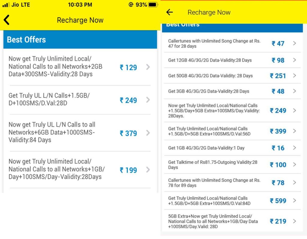 Vodafone Idea apparently offering upgraded benefits on prepaid plans under 'Recommended' section