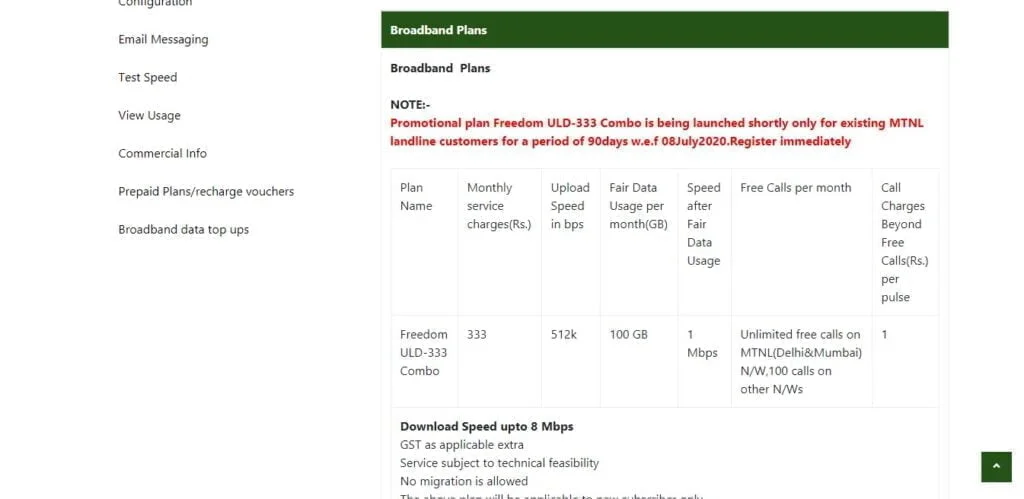 MTNL Delhi launches Freedom ULD 333 Combo as a promotional plan for existing MTNL landline customers