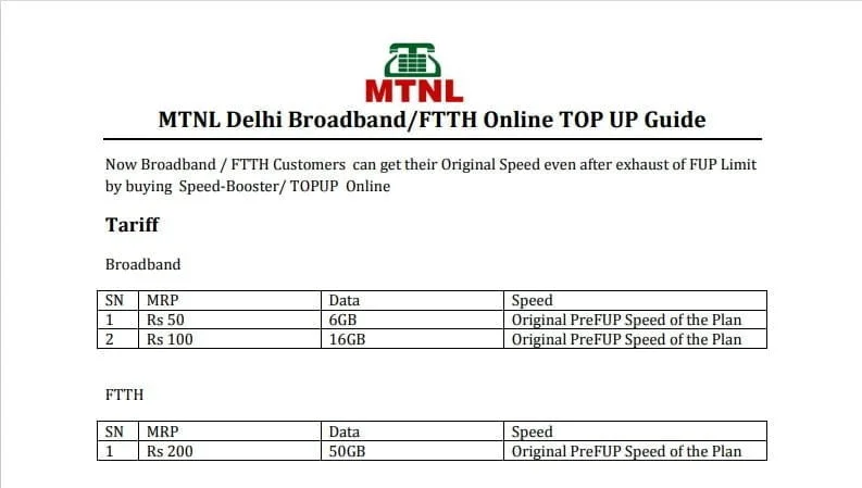 MTNL Delhi brings in broadband Topup; bumps up FUP limit for FTTH and broadband plans