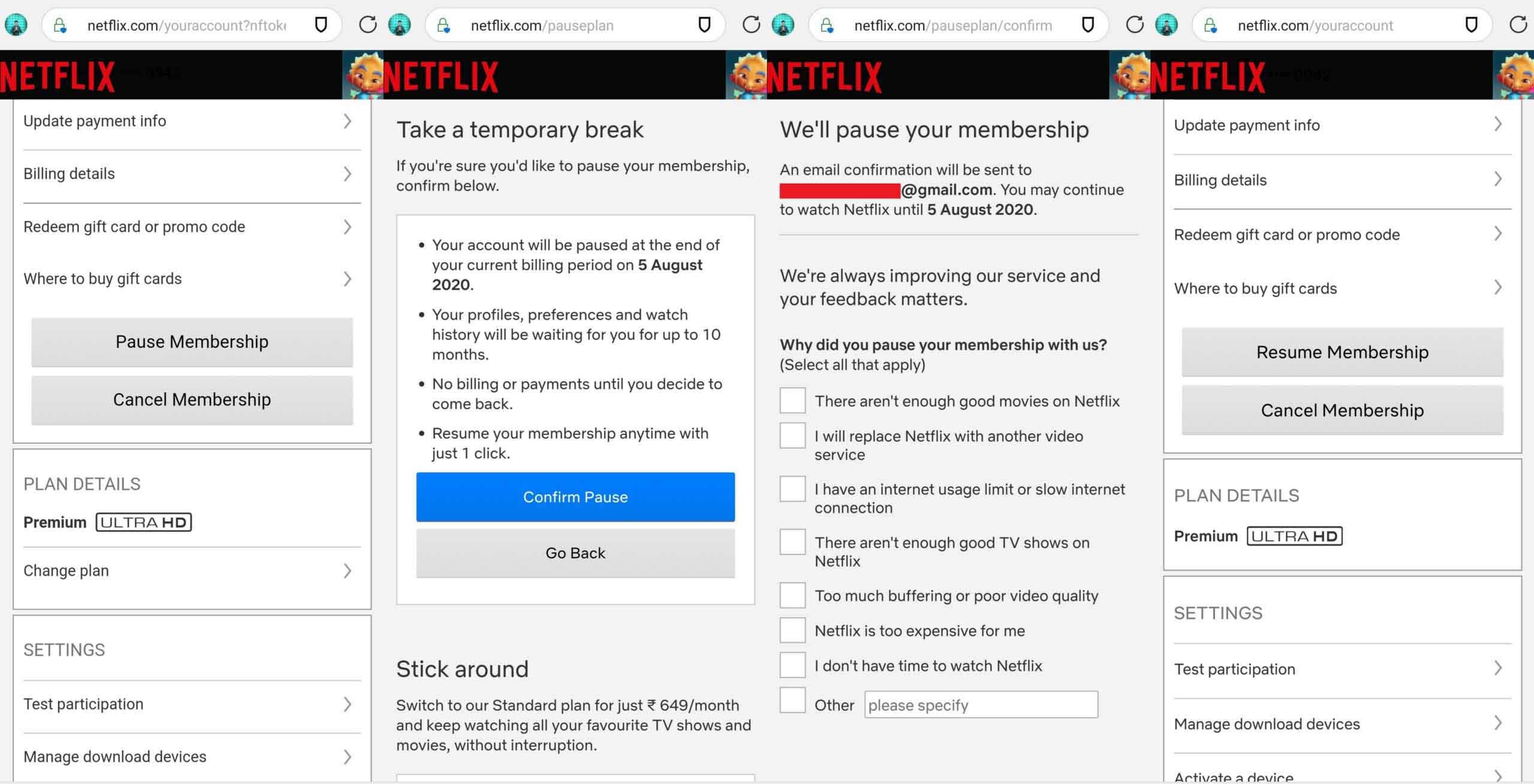 Netflix adds an option to Pause membership and Resume later at will