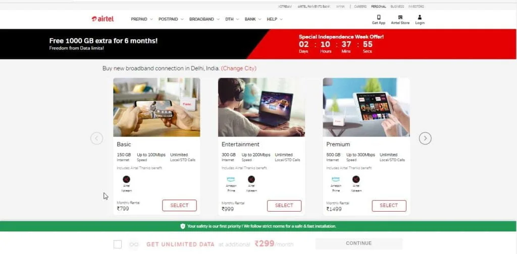 Airtel offers 1000 GB additional data on purchase of new Airtel Xstream Fiber connection as Independence Day Celebration Offer