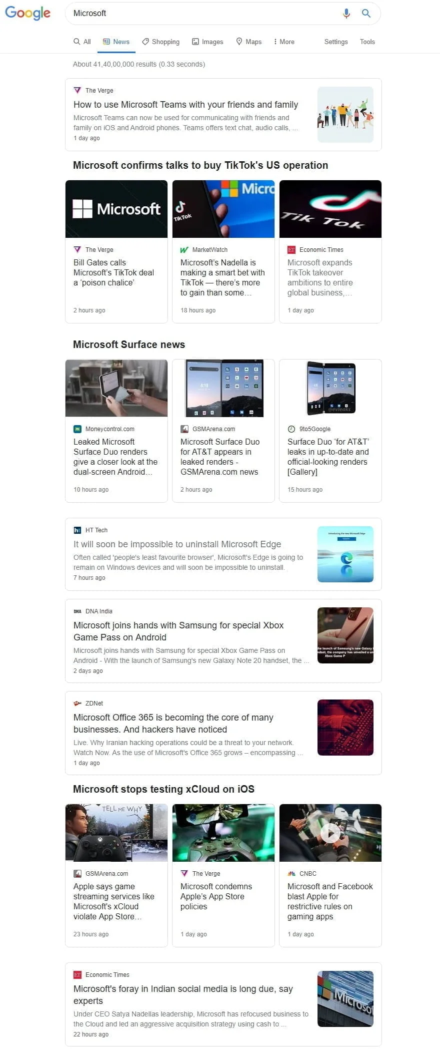 Google testing enhanced search results on the news tab with headings