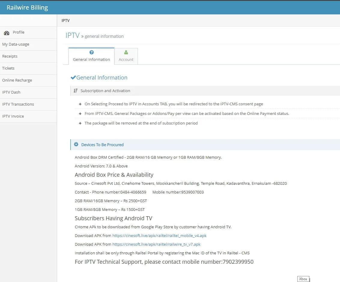 Railwire Broadband lists IPTV with Android Box on Selfcare Portal