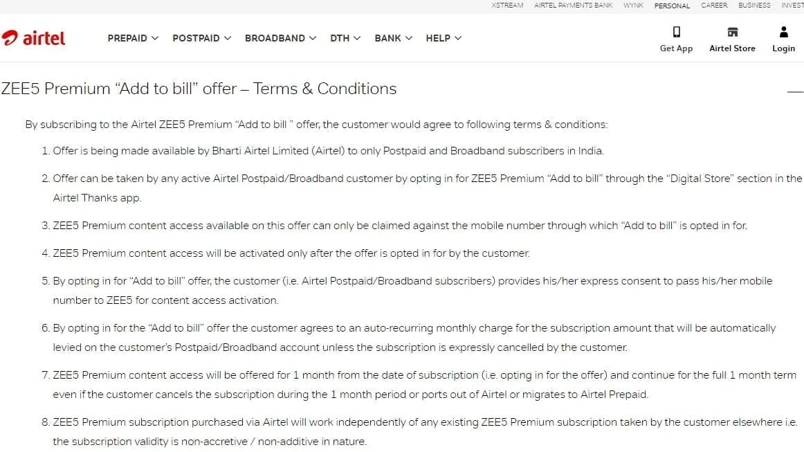 Airtel Postpaid and Broadband users can add ZEE5 Premium subscription through "Add to bill" offer