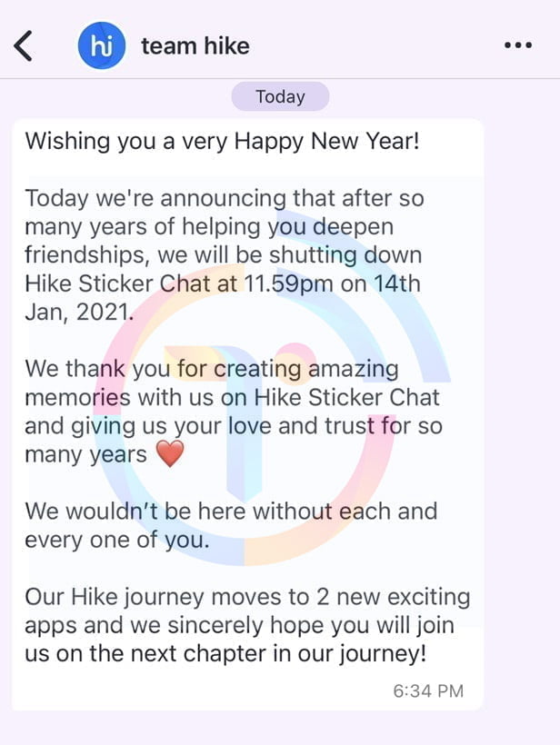 Hike to shut down 'Hike Sticker Chat' on 14th January 2021