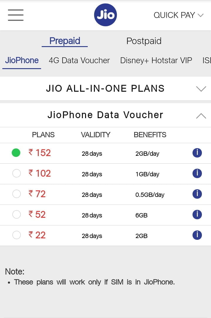 Reliance Jio launches multiple JioPhone Data Vouchers at Rs 22, Rs 52, Rs 72, Rs 102 and Rs 152