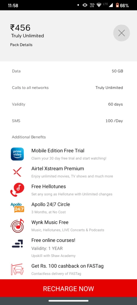 Airtel Rs 456 Prepaid Plan 50GB