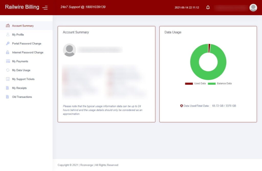 Railwire Selfcare Account Summary