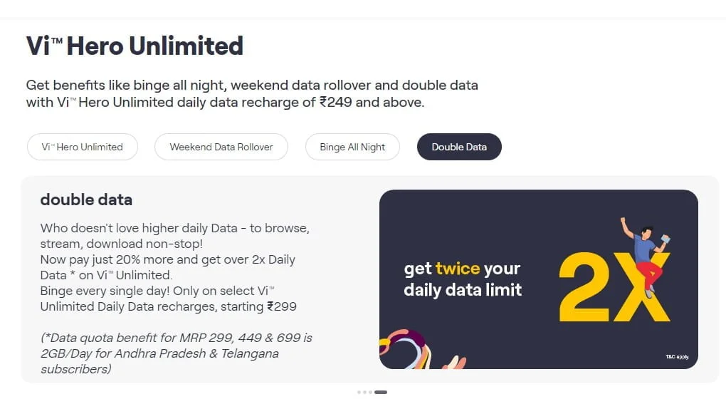 Vi no longer offering Double Data benefit for Andhra Pradesh & Telangana subscribers