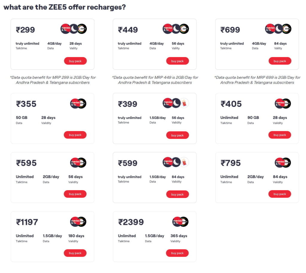 Vi MRP 399 MRP 599 ZEE5 Bundle Recharge