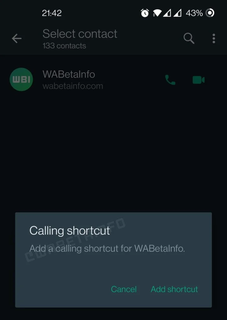WhatsApp Calling shortcut
