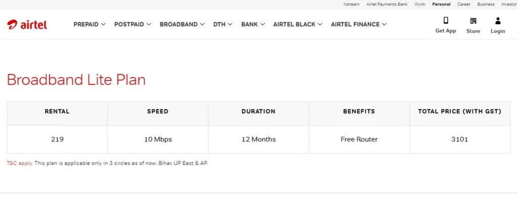 Airtel Broadband Lite