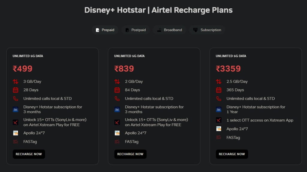 Airtel prepaid plans with Disney+ Hotstar subscription