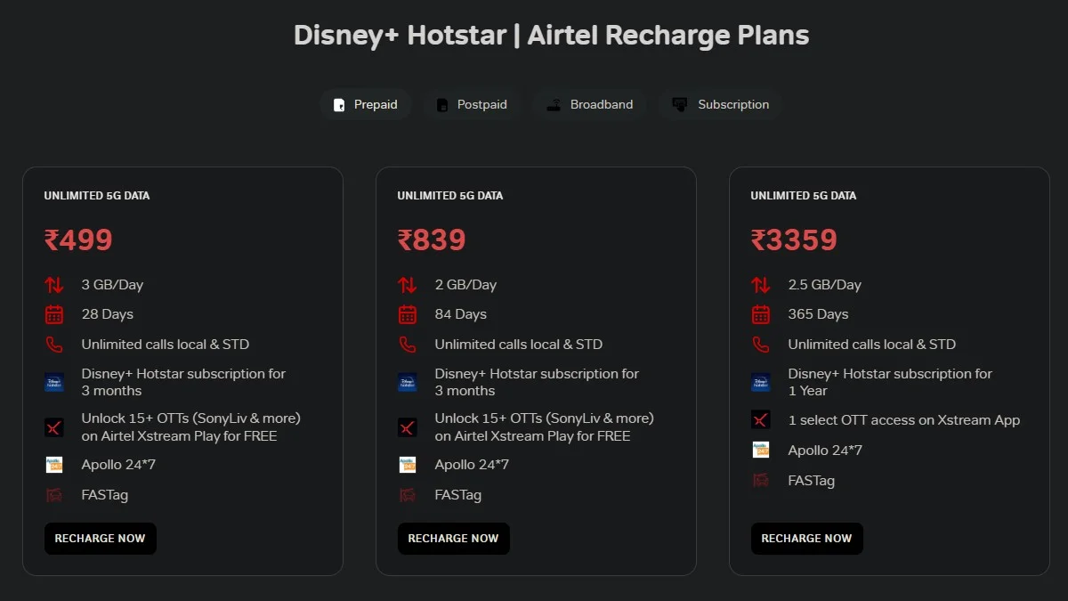 Airtel prepaid plans with Disney Hotstar subscription