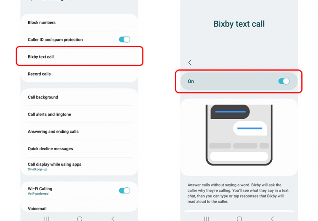 Bixby Text Call Setup Menu