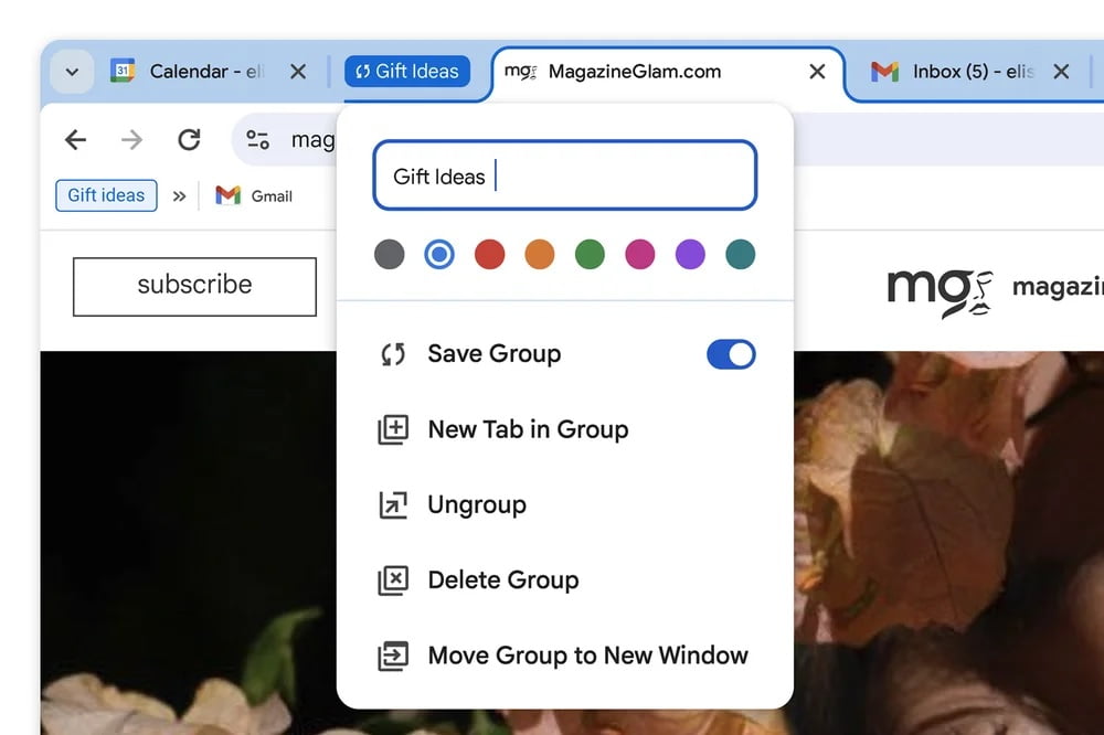 Google Chrome Saved tab groups