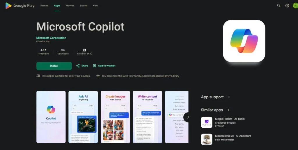 MS Copilot on Play Store