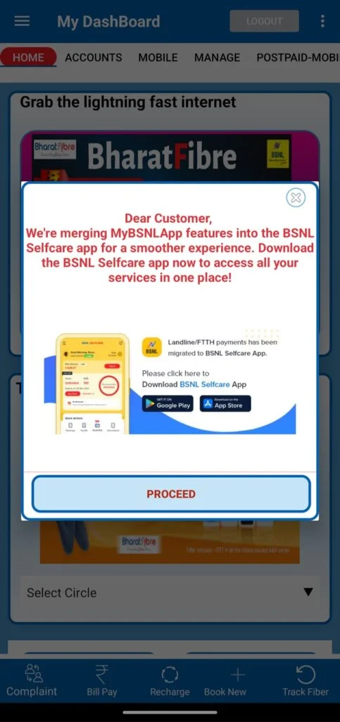 My BSNL App notification for merging into BSNL Selfcare App