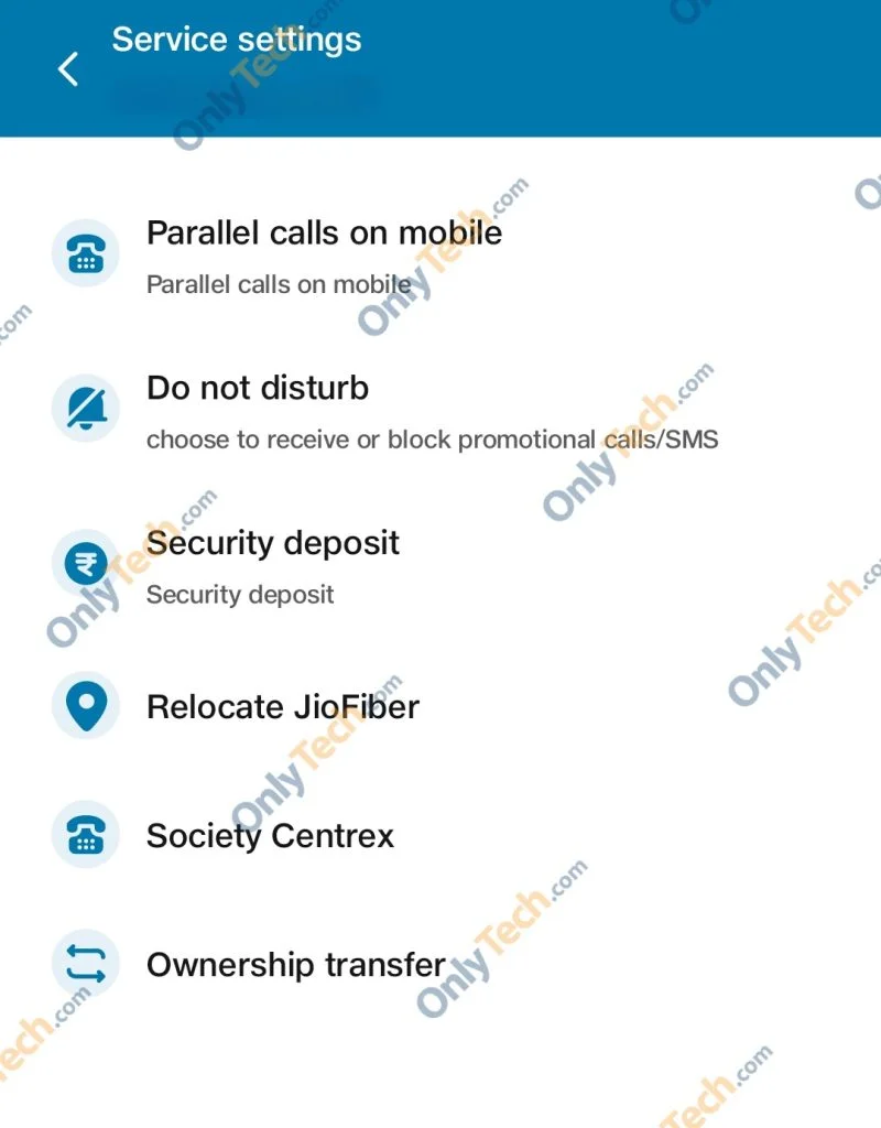 JioFiber service settings page on MyJio app