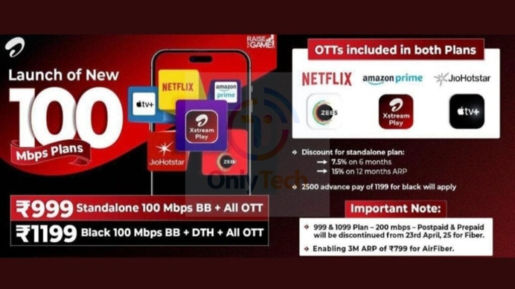 Airtel Xstream Fiber new 100 Mbps plans