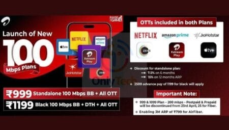 Airtel Xstream Fiber new 100 Mbps plans