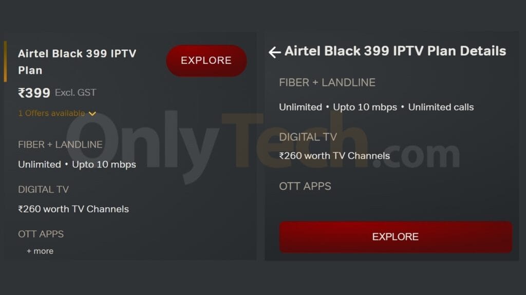 Airtel Rs. 399 Black IPTV plan