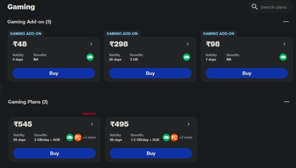Reliance Jio Gaming plans and Gaming add-on plans