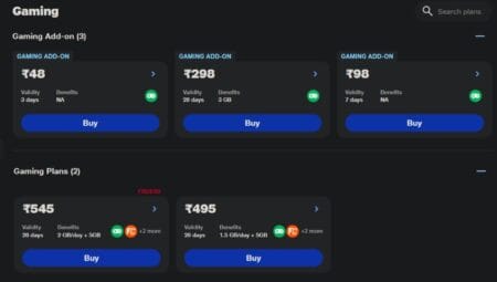 Reliance Jio Gaming plans and Gaming add-on plans