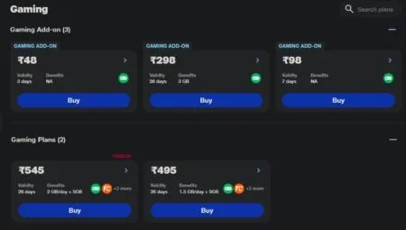 Reliance Jio Gaming plans and Gaming add-on plans
